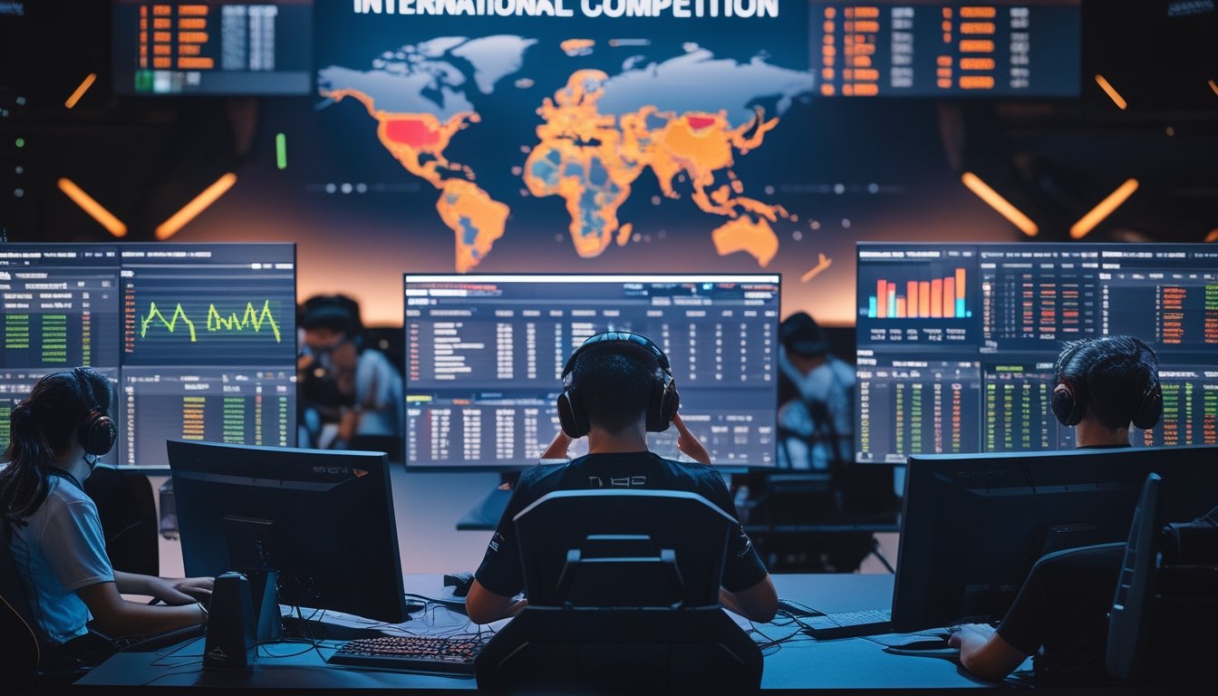 Tim esports internasional yang sedang menganalisis data statistik dan peluang taruhan dalam turnamen esports.