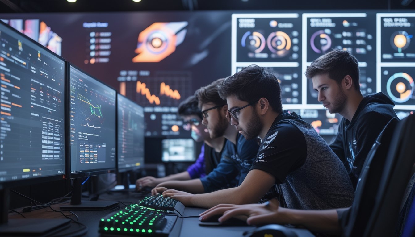Sekelompok analis esports sedang bekerja bersama di depan layar komputer yang menampilkan statistik dan grafik pertandingan.
