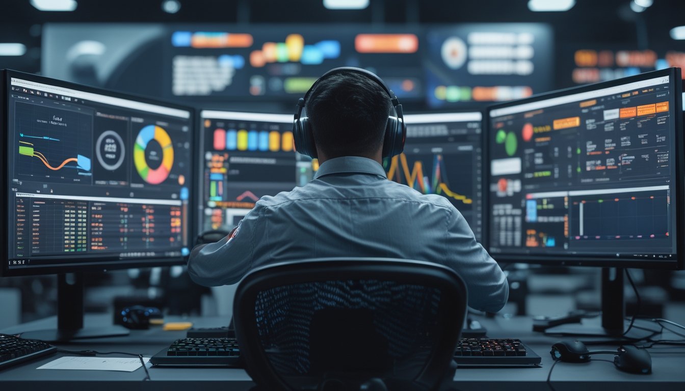 Seorang analis esports sedang mempelajari grafik dan data statistik tim esports di depan beberapa monitor komputer dalam ruangan kerja.