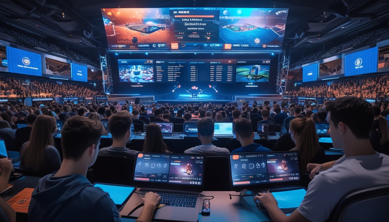 Orang-orang muda menonton turnamen esports di arena dengan perangkat digital, menempatkan taruhan pada pertandingan yang sedang berlangsung.