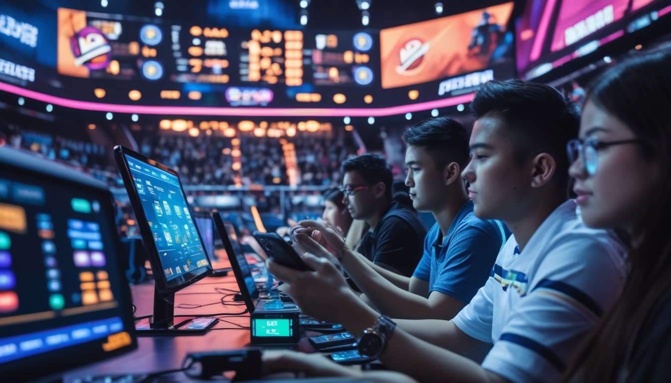 Kerumunan penonton di arena esports yang ramai dengan beberapa orang muda menggunakan perangkat digital untuk memasang taruhan dan mengikuti turnamen esports.