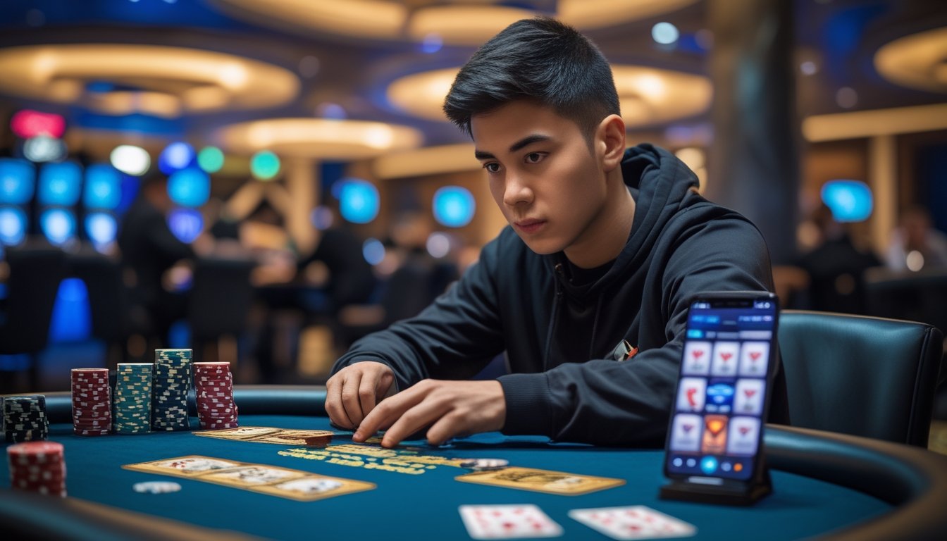 Seorang pemain poker muda yang fokus duduk di meja poker dengan chip dan kartu, di latar belakang kasino yang samar.