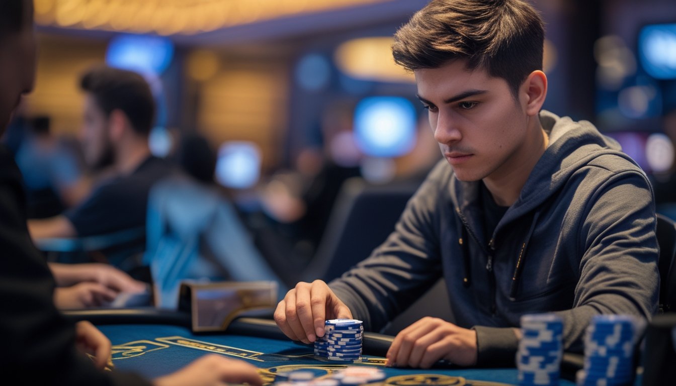 Seorang pemain poker muda duduk di meja poker dengan tumpukan chip dan kartu di tangannya, terlihat fokus dan serius dalam suasana kasino.