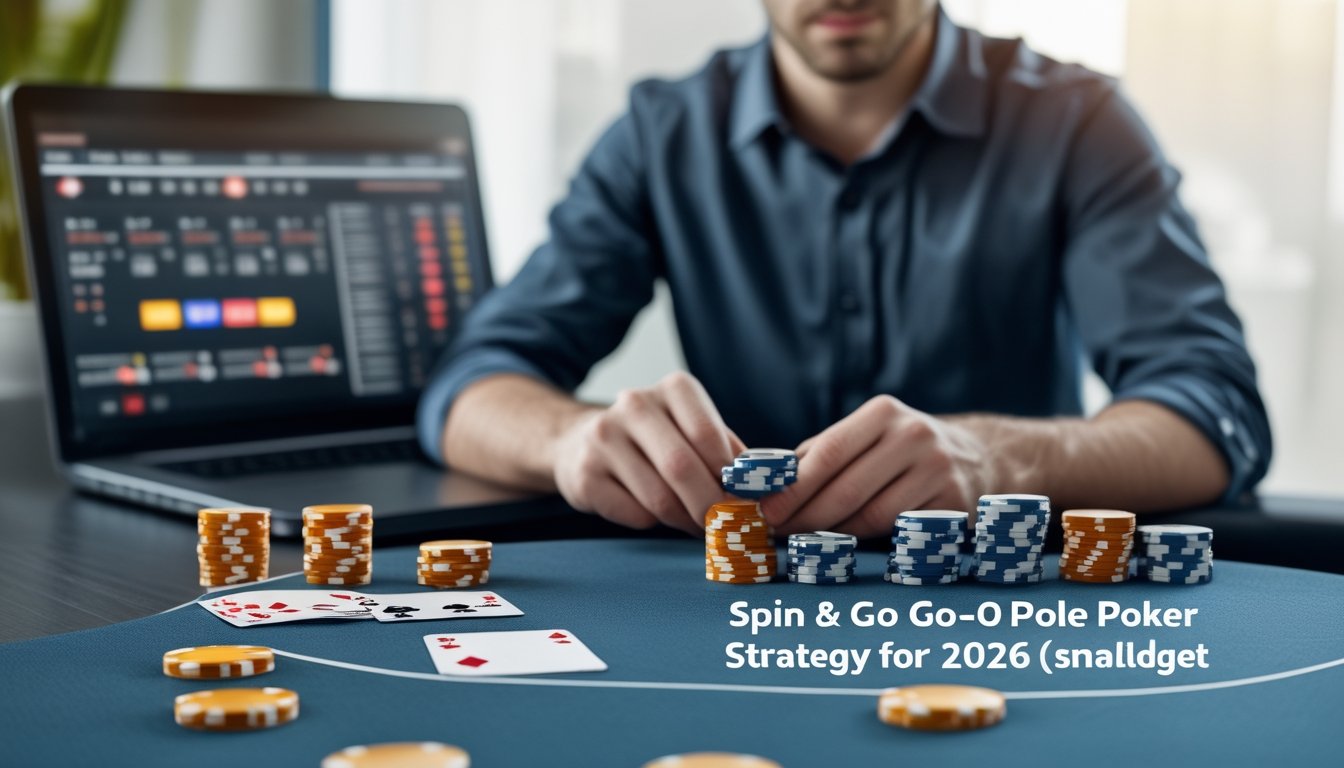 Seorang pemain poker sedang duduk di meja poker dengan chip dan kartu, fokus pada permainan Spin & Go dengan modal kecil.