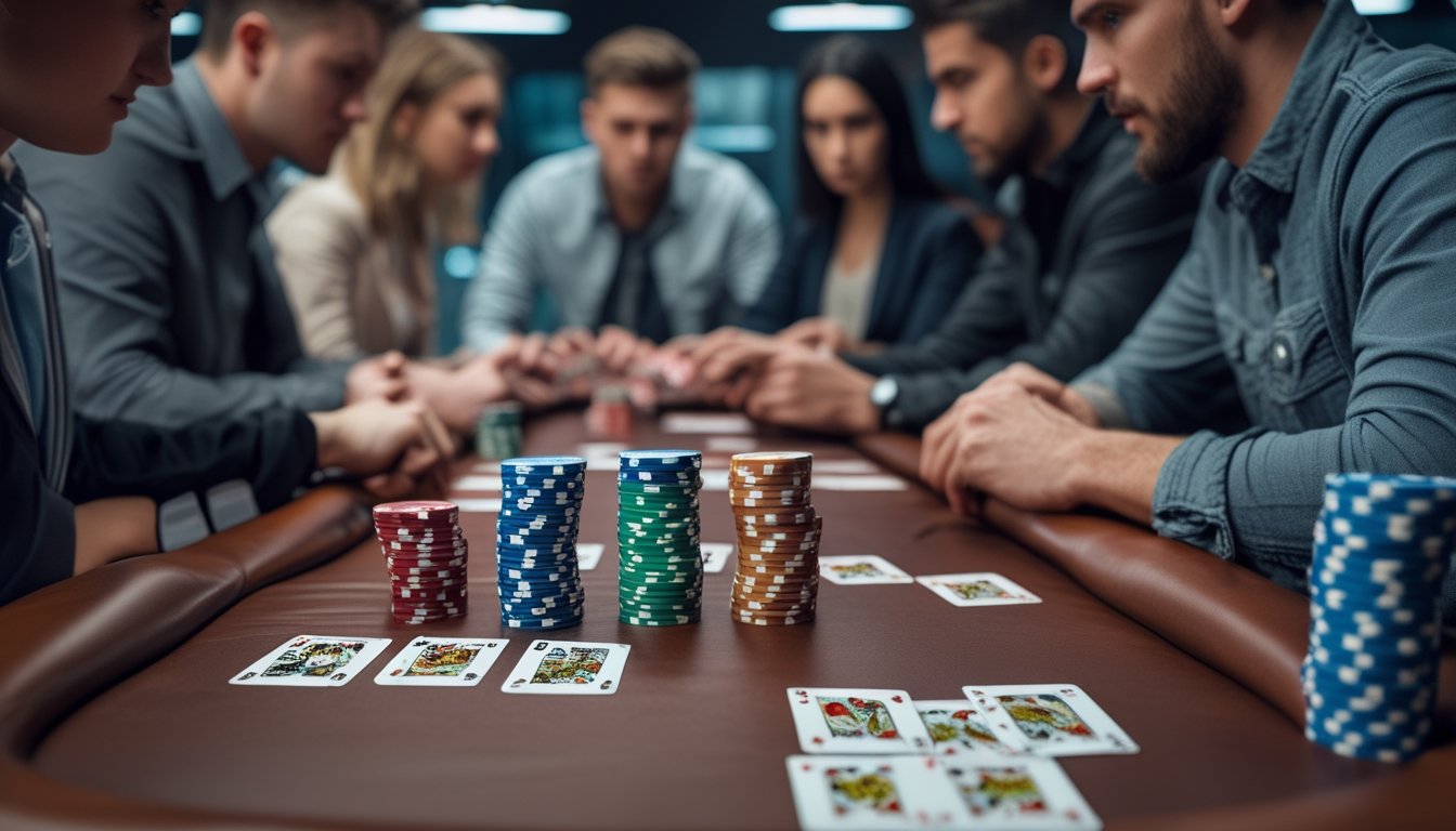 Meja poker dengan tumpukan chip dan kartu, dikelilingi oleh beberapa pemain yang fokus bermain.