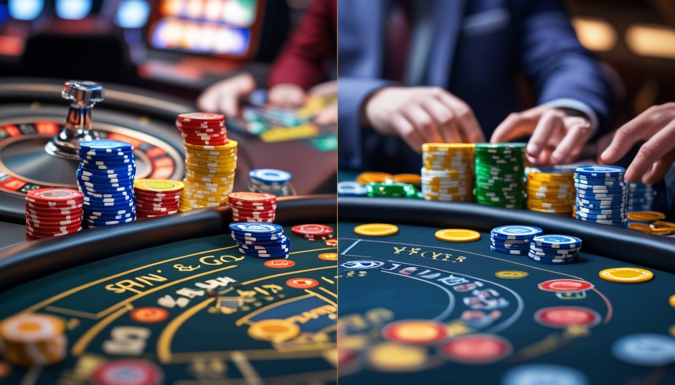 Meja poker dengan dua sisi yang berbeda, satu menunjukkan permainan Spin & Go Poker yang dinamis dan berwarna-warni, sisi lain menunjukkan permainan Mini Poker yang lebih tenang dan teratur.