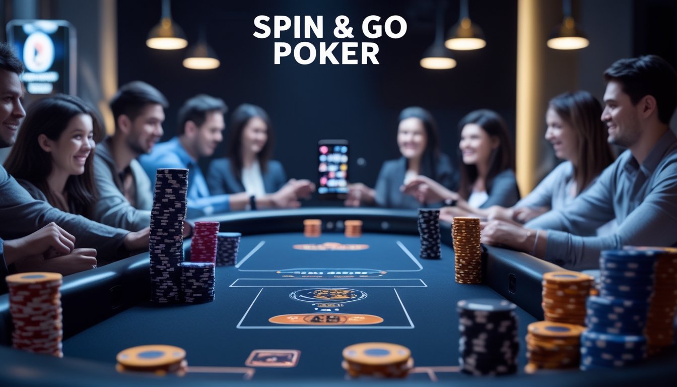 Meja poker dengan dua area berbeda, satu untuk permainan Spin & Go Poker yang cepat dan intens, dan satu untuk Mini Poker yang santai dengan pemain yang fokus dan tersenyum.