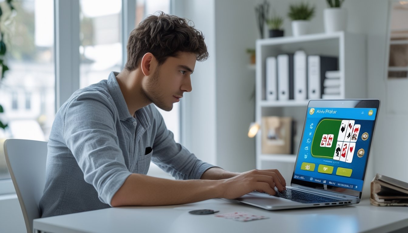 Seorang pria muda duduk di meja dengan laptop, bermain permainan mini poker online di ruang kerja rumah yang terang dan rapi.