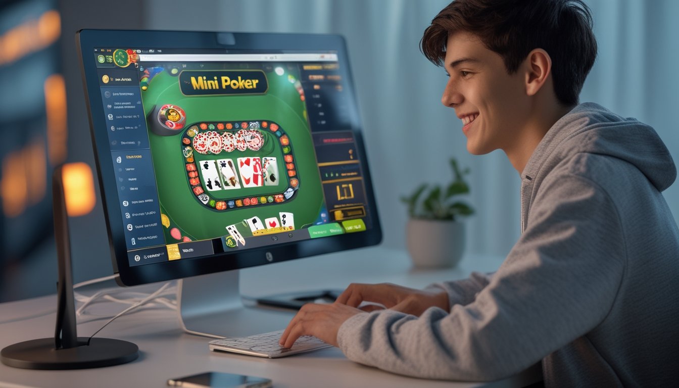 Seorang pemain muda duduk di depan komputer dengan layar menampilkan permainan mini poker online, terlihat fokus dan tersenyum.