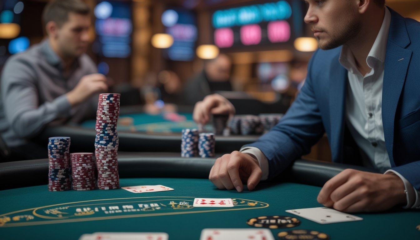 Seorang pemain poker sedang mengelola tumpukan chip di meja poker dengan latar belakang suasana kasino modern.