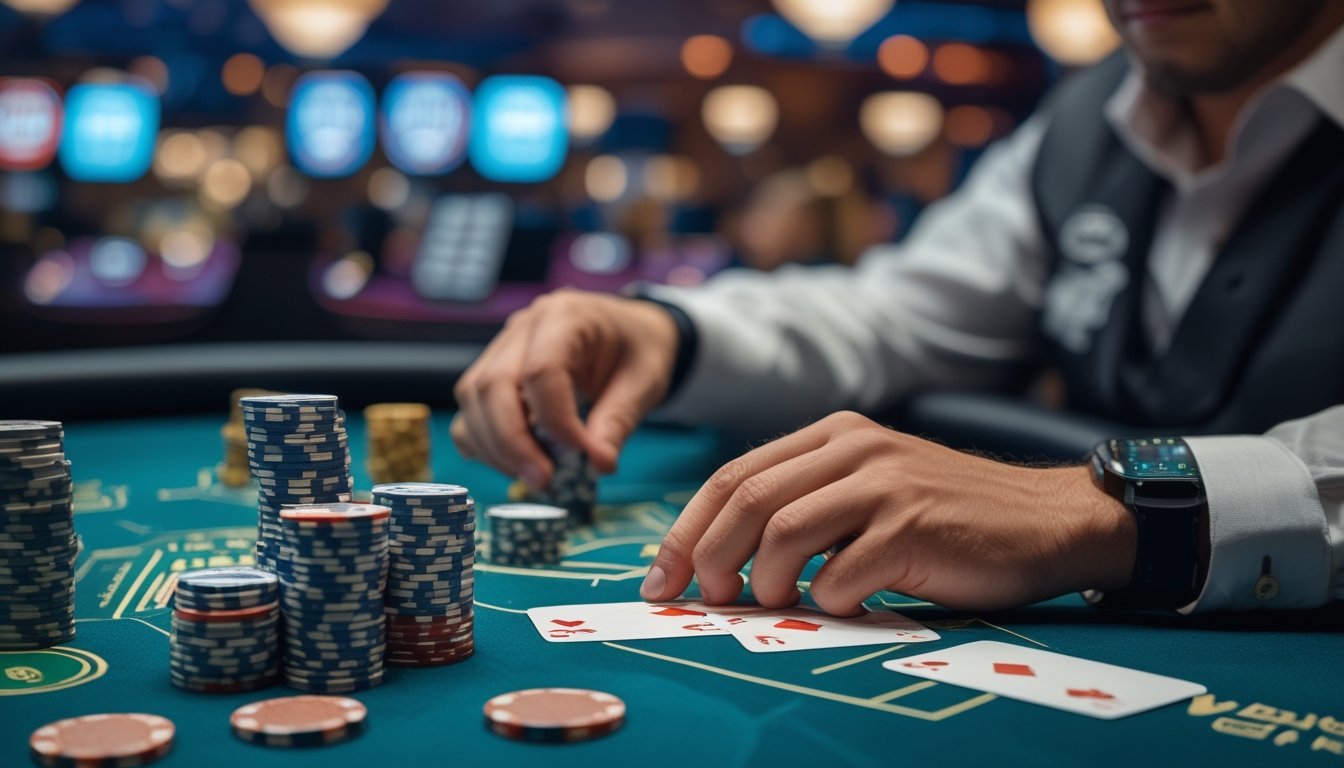 Seorang pemain poker sedang mengatur chip di meja poker dalam suasana kasino modern.