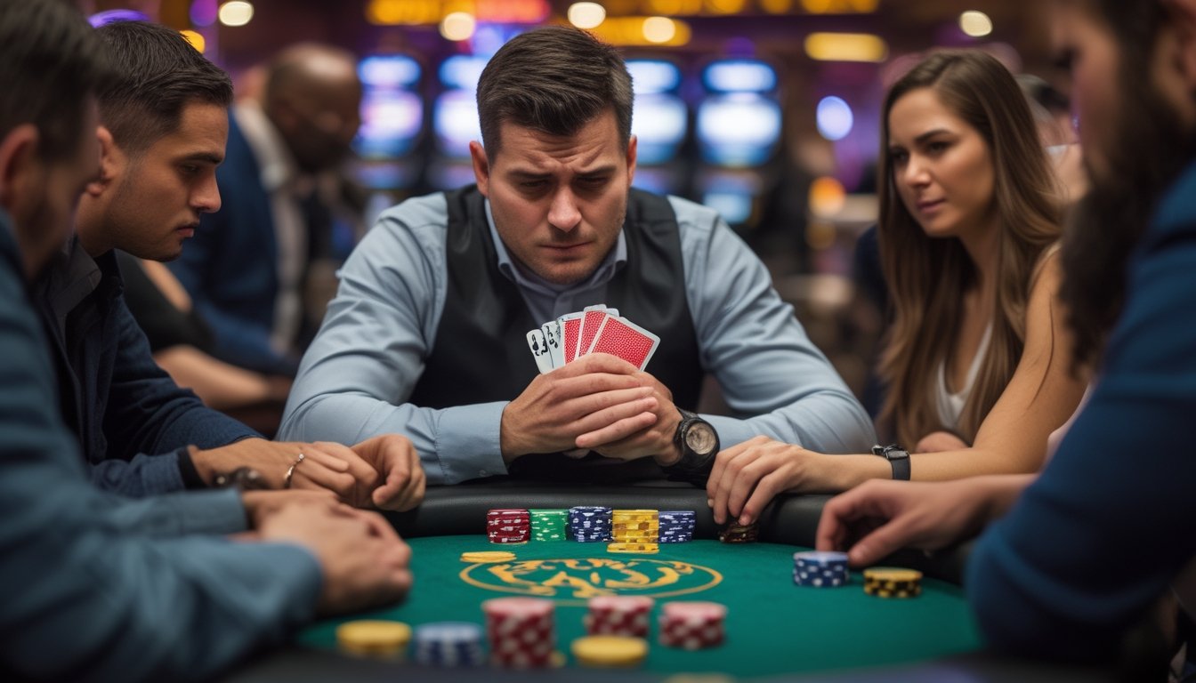Seorang pemain poker terlihat frustrasi duduk di meja poker mini dengan chip berserakan di depan dan kartu di tangan, dikelilingi oleh pemain lain di suasana kasino.