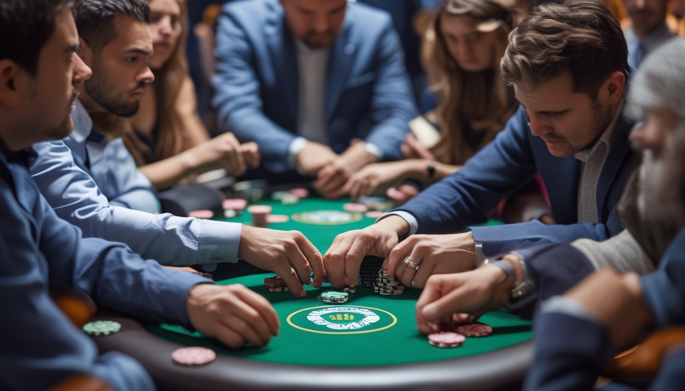 Beberapa pemain mini poker duduk di meja hijau dengan ekspresi kecewa sambil memegang kartu dan chip.