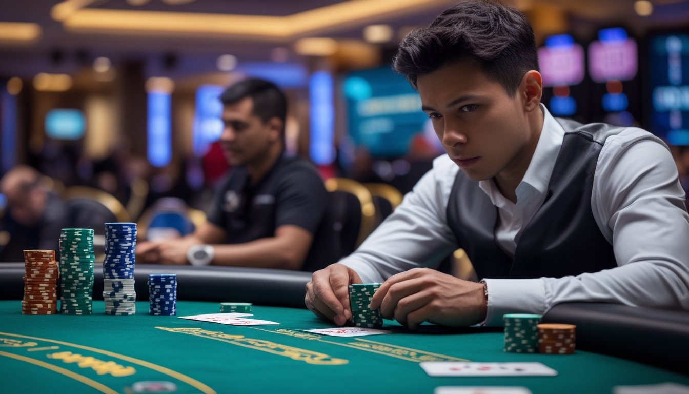 Seorang pemain poker fokus duduk di meja poker dengan chip dan kartu, suasana turnamen poker cepat di latar belakang.