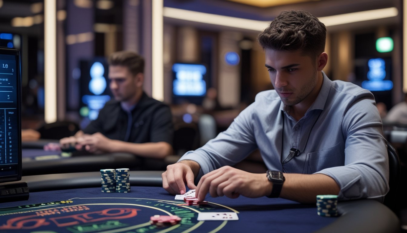 Seorang pemain poker fokus menganalisis kartu dan chip di meja poker dalam suasana turnamen cepat Spin & Go di kasino modern.