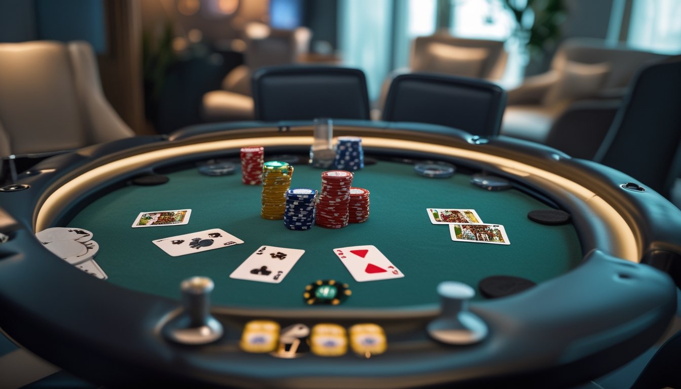 Meja mini poker dengan chip dan kartu yang tertata rapi di ruangan permainan yang terang dan nyaman.