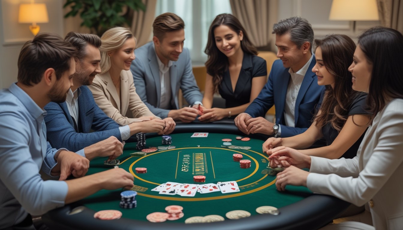 Meja mini poker dengan chip dan kartu yang tertata rapi, dikelilingi oleh beberapa orang yang sedang bermain poker dengan serius.