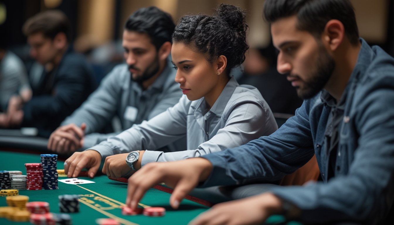 Tiga pemain poker serius duduk di meja poker dengan tumpukan chip dan kartu, fokus memperhatikan permainan satu sama lain.