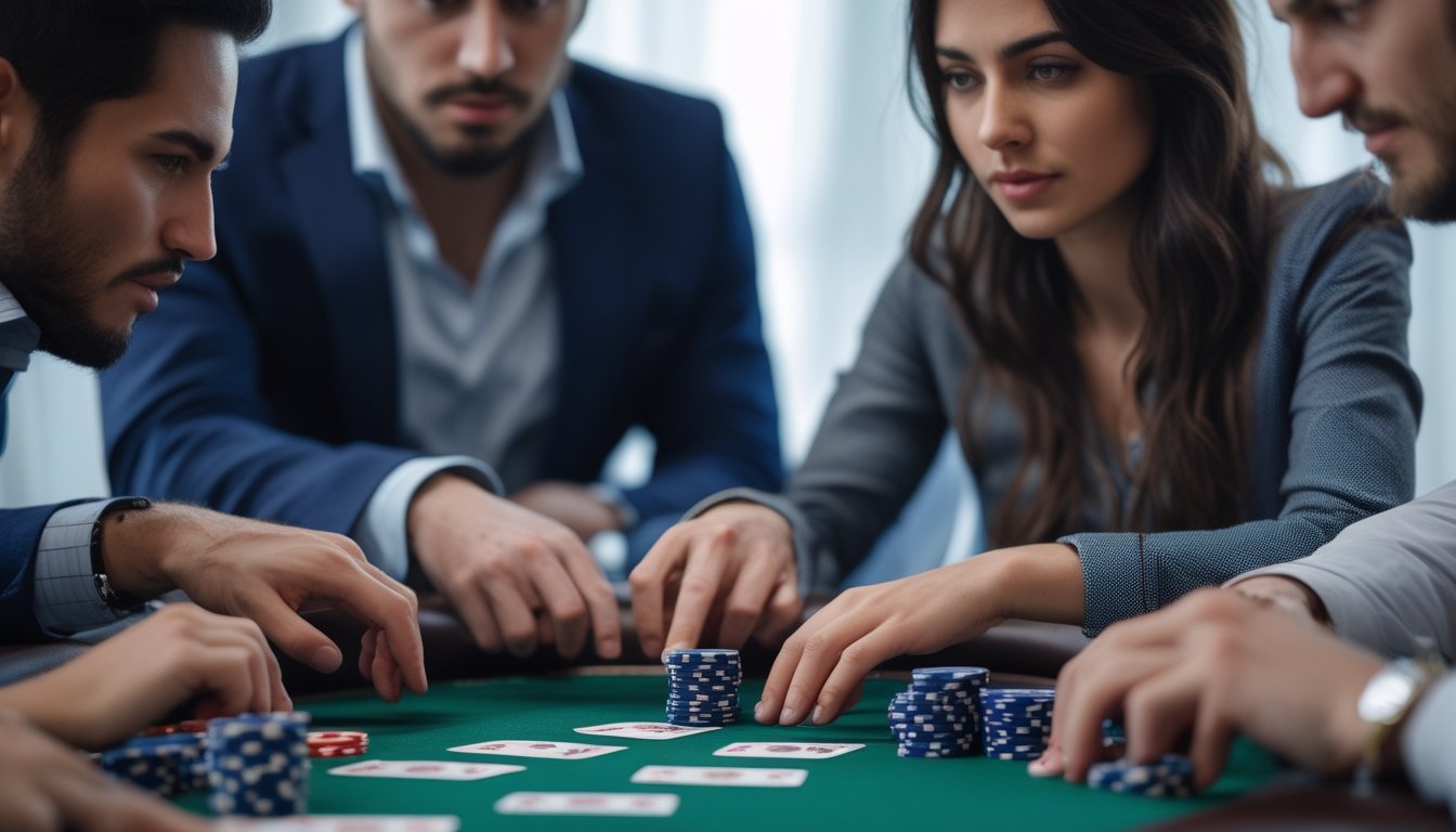 Tiga pemain poker sedang fokus bermain di meja dengan kartu dan chip poker terlihat jelas.