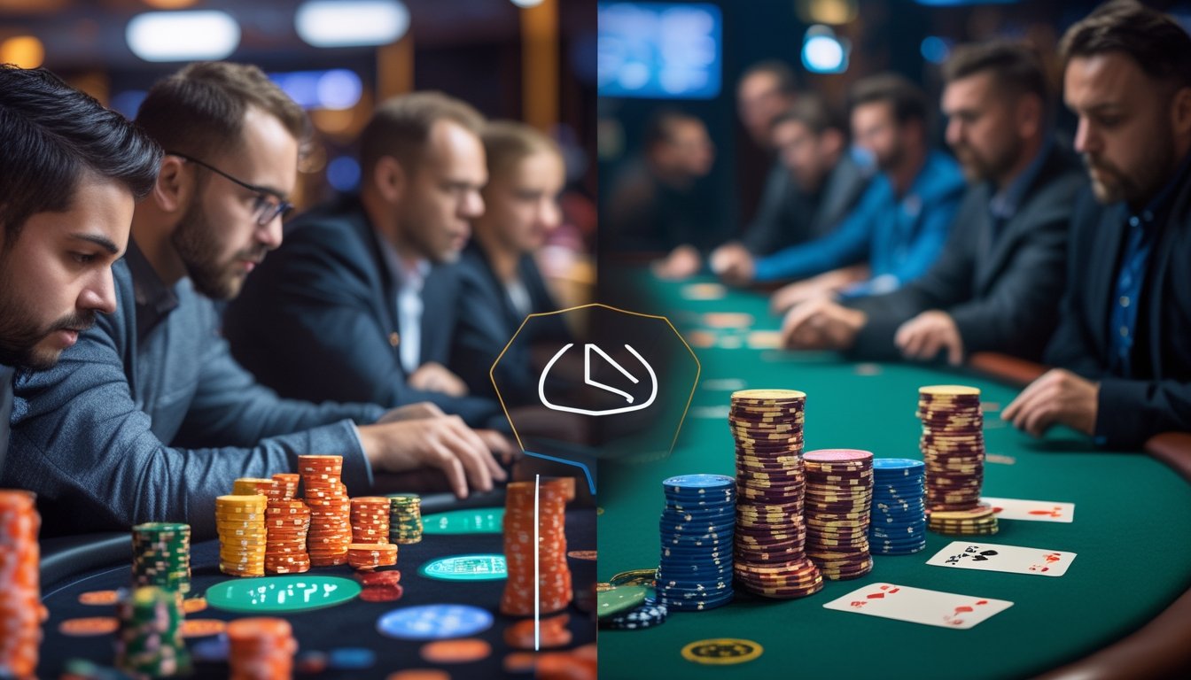 Dua meja poker berbeda dengan pemain yang fokus, satu meja menunjukkan permainan poker cepat Spin & Go dengan tiga pemain dan tumpukan chip tinggi, meja lainnya menunjukkan permainan poker tradisional Sit and Go dengan lebih banyak pemain dan suasana tenang.
