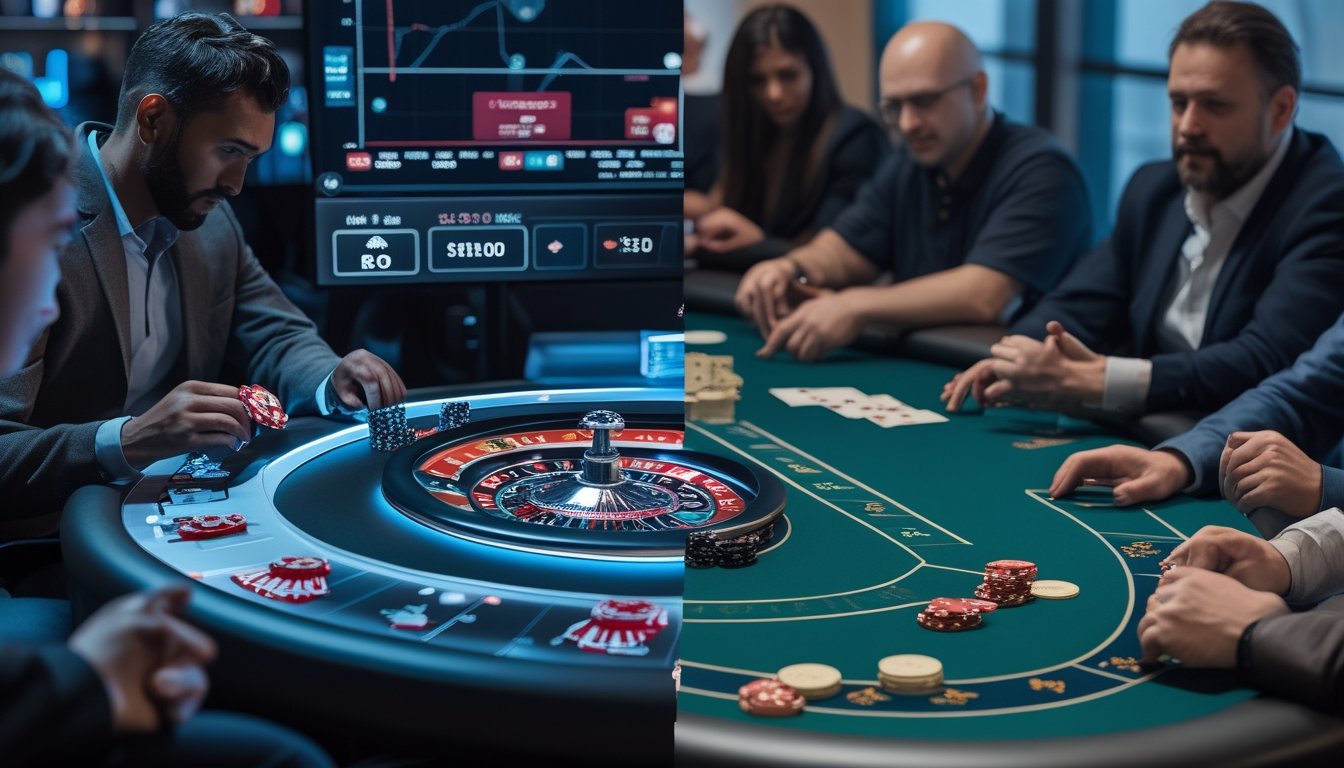 Dua meja poker yang berbeda, satu dengan suasana modern dan cepat, satu lagi dengan suasana klasik dan tenang, menampilkan pemain yang sedang bermain poker.