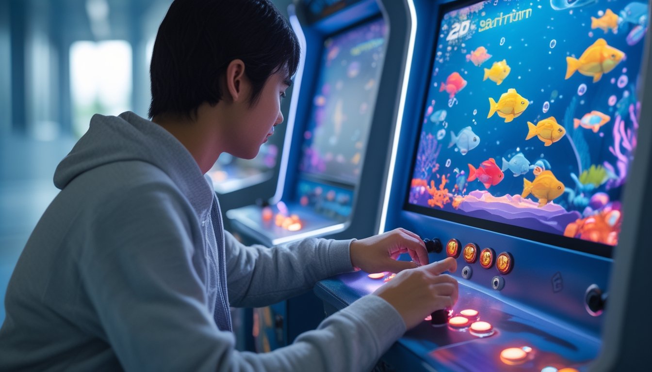 Seorang pemain sedang fokus bermain permainan tembak ikan 2D di mesin arcade dengan layar berwarna-warni dan berbagai ikan di dalamnya.