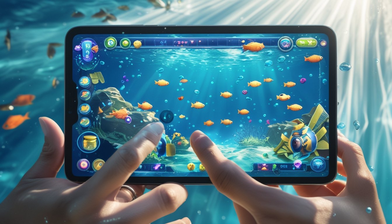 Tampilan layar permainan tembak ikan 2D dengan tangan pemain yang sedang berinteraksi, menunjukkan ikan berwarna-warni dan elemen bawah laut.