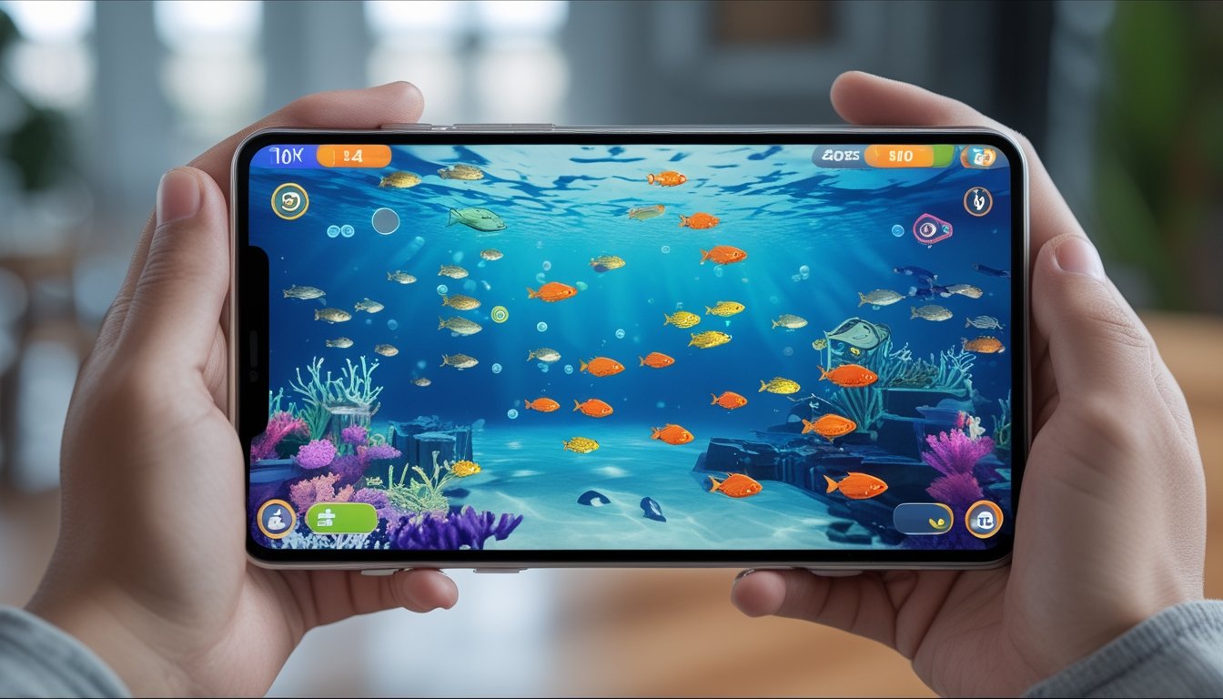 Seseorang memegang perangkat digital yang menampilkan permainan tembak ikan 2D dengan ikan berwarna-warni di lingkungan bawah laut.