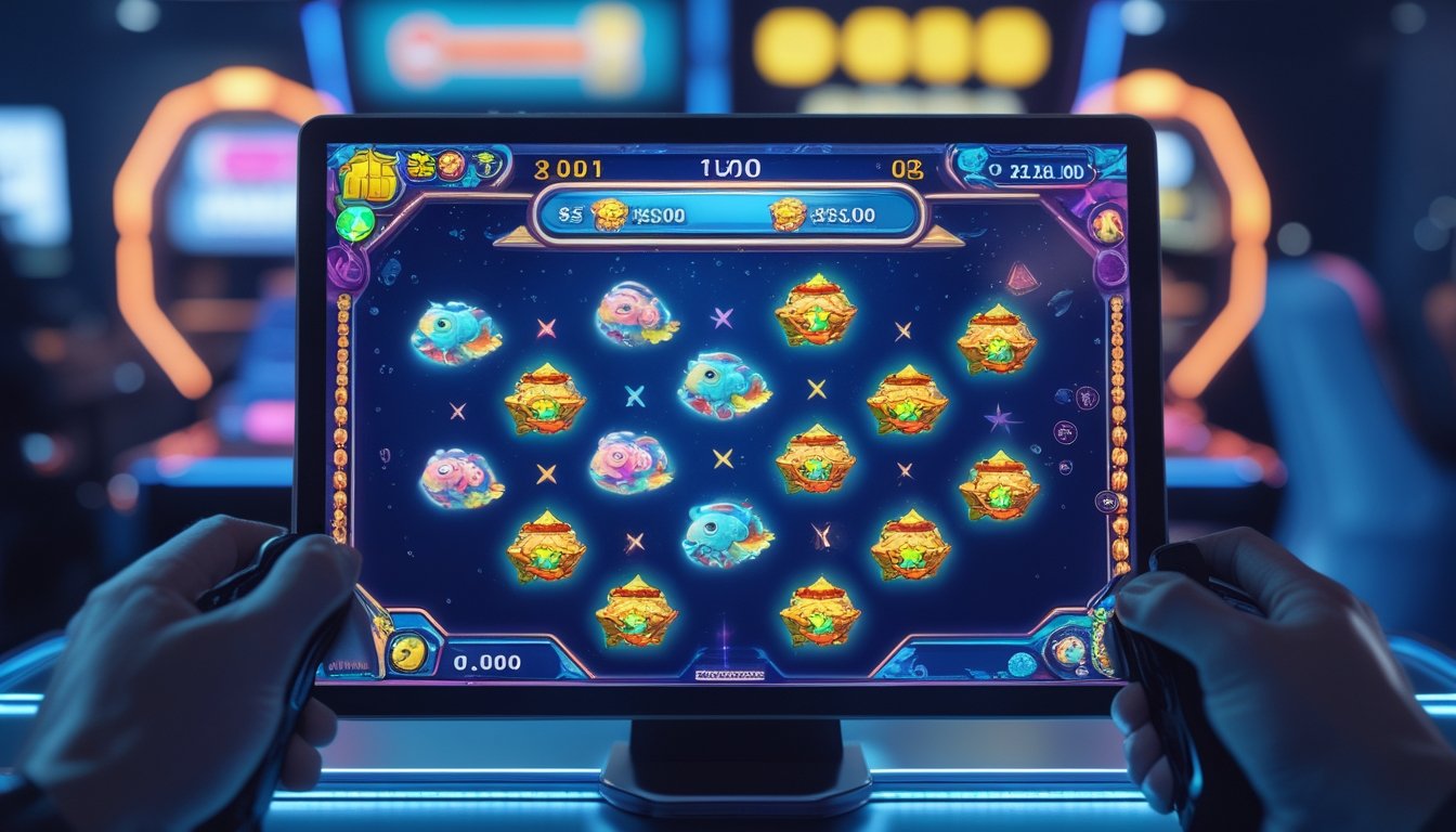 Seorang pemain sedang bermain game tembak ikan dengan layar penuh warna dan ikan tropis animasi, menunjukkan suasana permainan yang seru dan penuh peluang jackpot.