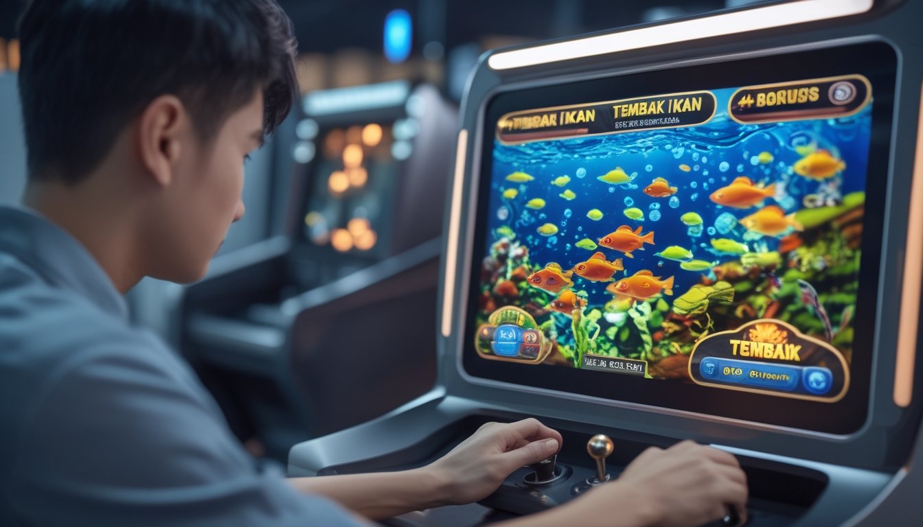 Seorang pemain fokus bermain permainan tembak ikan dengan layar penuh warna dan ikan-ikan di layar.