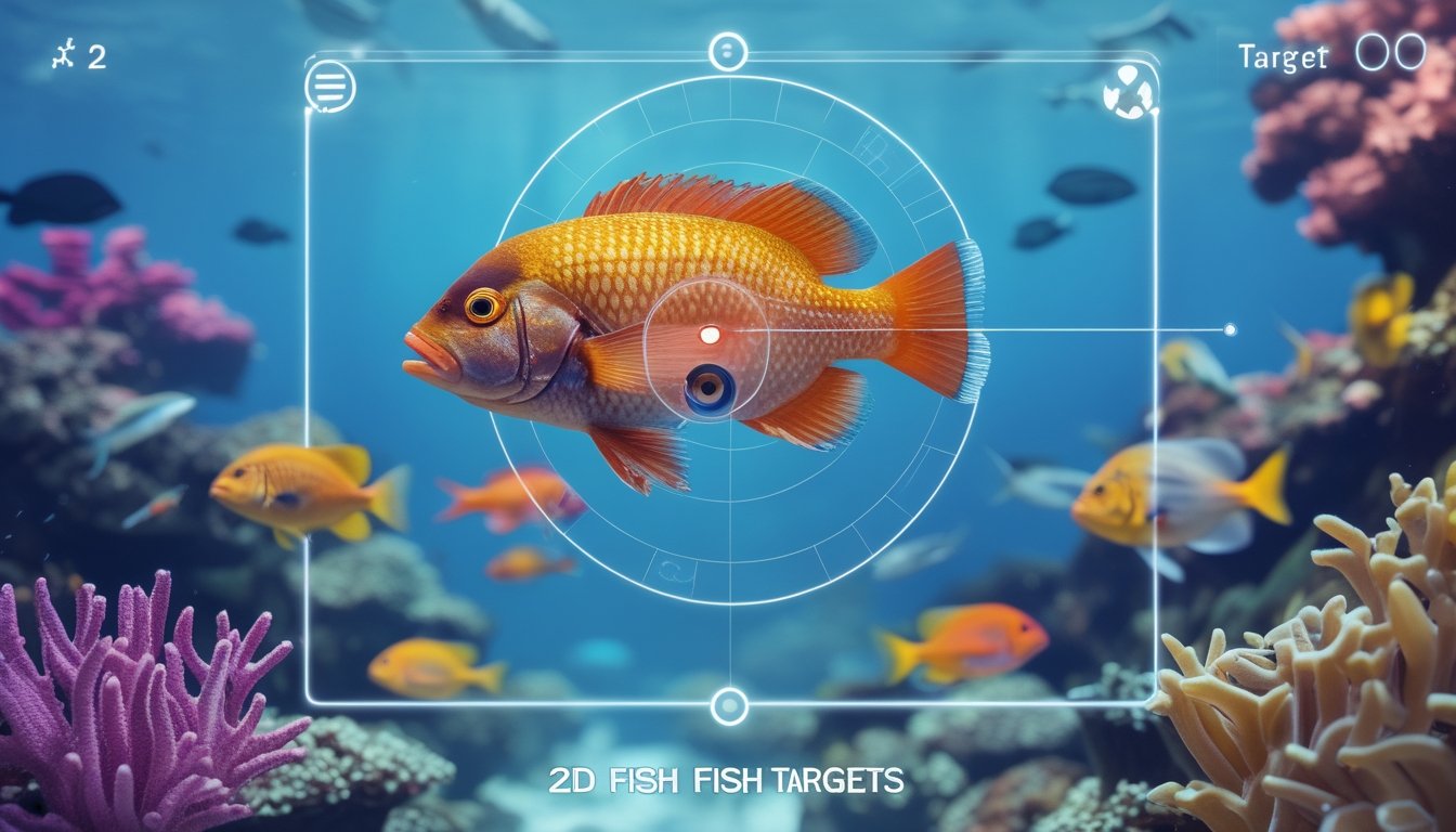 Adegan bawah laut dengan berbagai ikan berwarna-warni dan sebuah reticle menargetkan ikan besar yang menonjol di antara ikan lainnya.