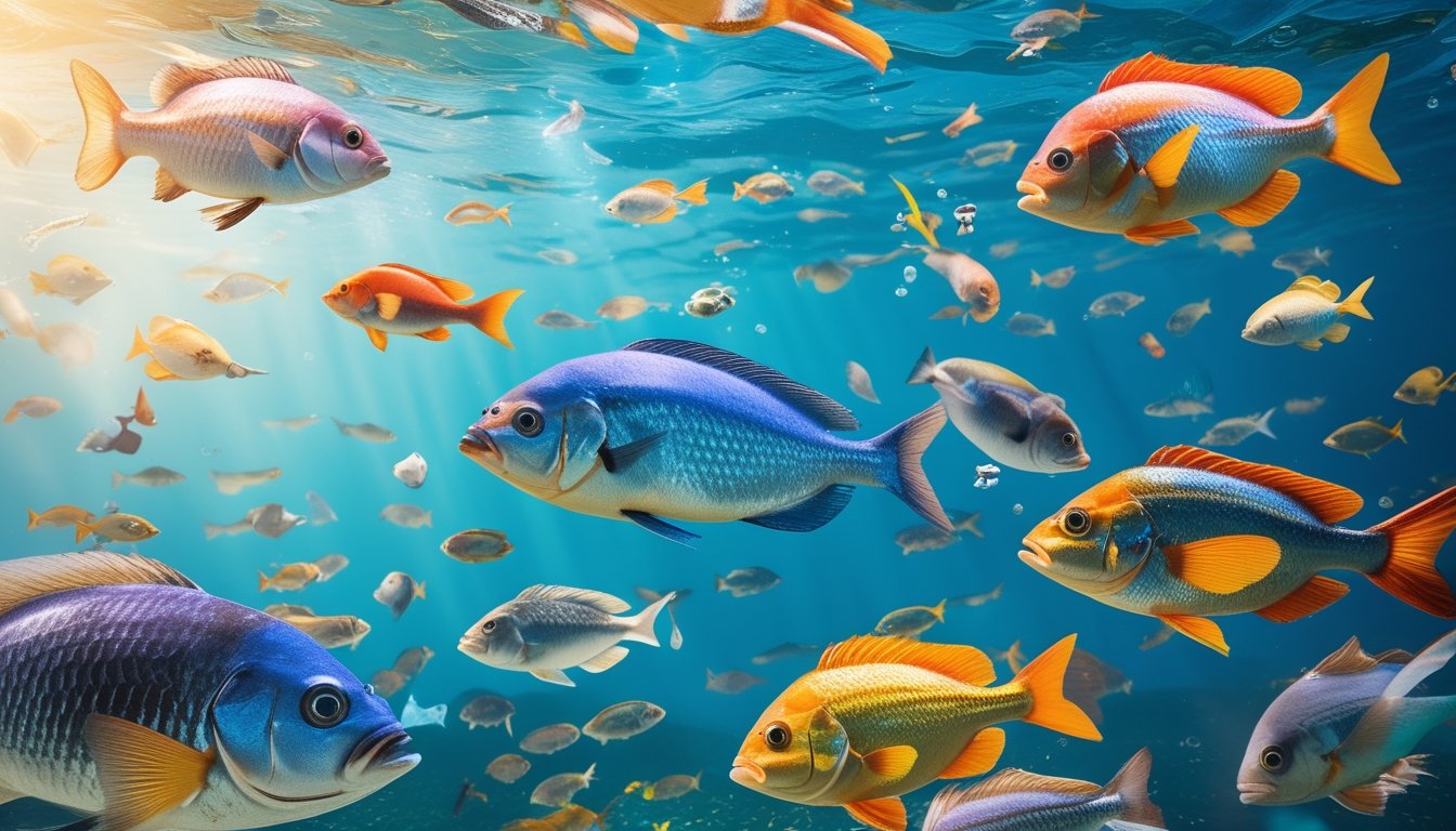 Pemandangan bawah laut dengan berbagai jenis ikan berwarna-warni yang berenang di air jernih dengan cahaya matahari yang menyinari dari atas.