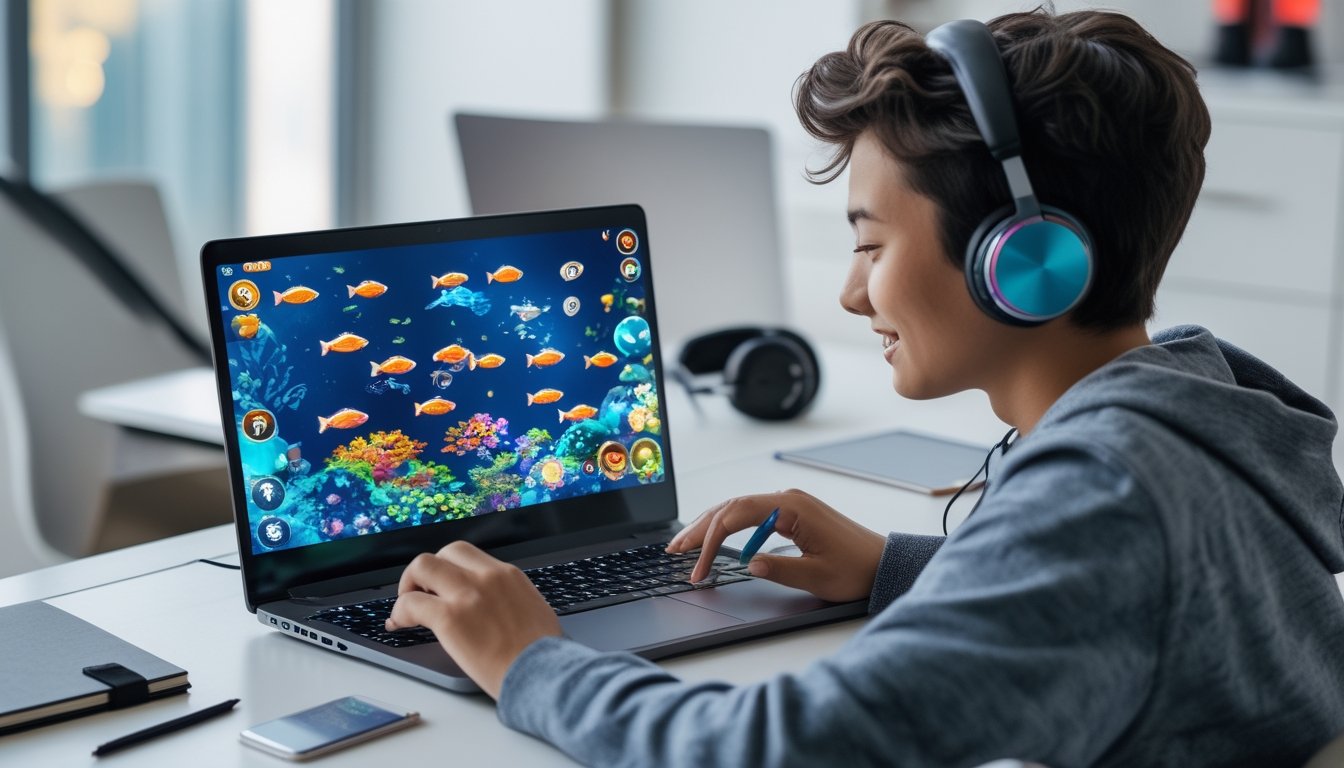 Seorang pemula sedang fokus bermain permainan tembak ikan di laptop dengan suasana ruangan yang nyaman.