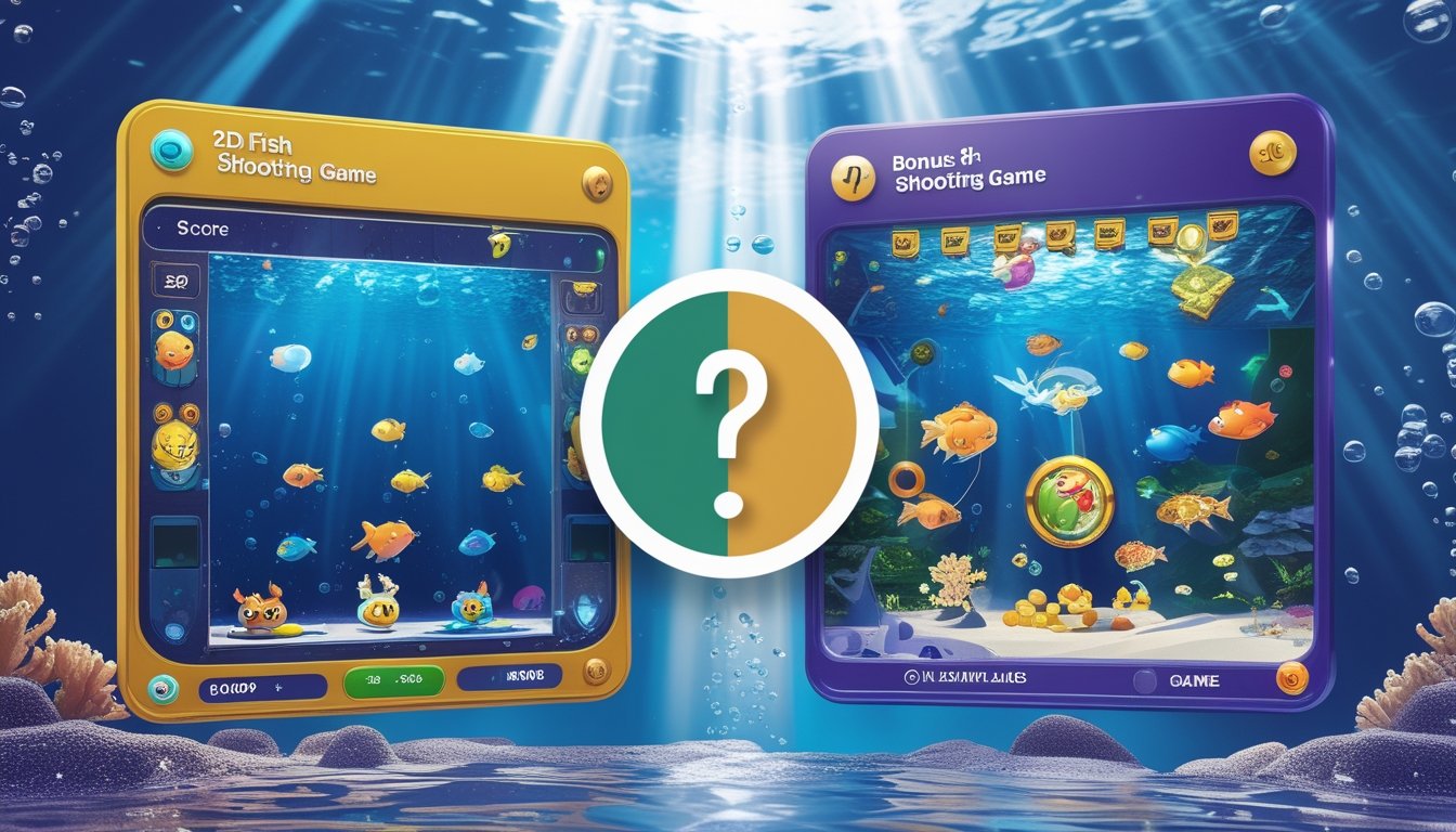 Latar bawah laut yang terbagi dua memperlihatkan dua jenis permainan tembak ikan, satu dengan gaya 2D sederhana dan satu lagi dengan efek bonus dan desain ikan yang lebih detail.