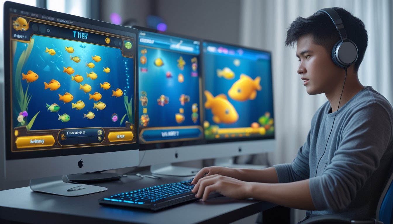 Seorang pemain muda sedang bermain dua jenis permainan tembak ikan di dua monitor komputer, satu dengan grafis 2D dan satu lagi dengan efek bonus yang lebih menarik, di sebuah ruangan yang rapi dan terang.