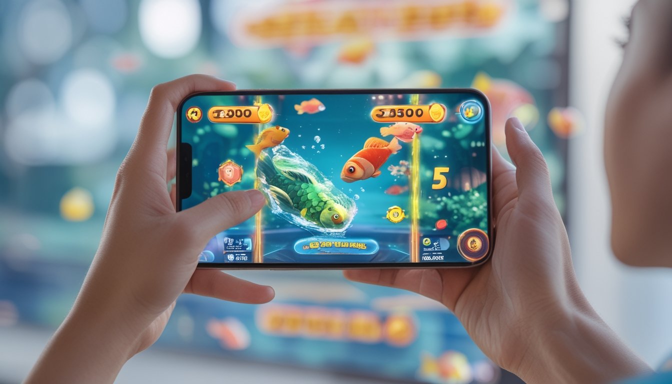 Seseorang memegang smartphone yang menampilkan permainan tembak ikan 2D dengan fitur bonus aktif dan skor meningkat.