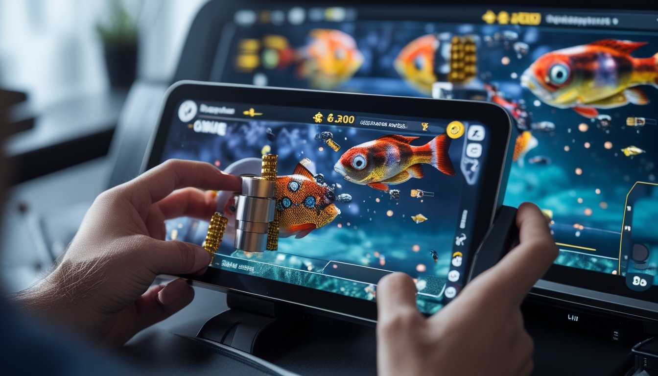 Seorang pemain mengatur peluru dan modal saat bermain game tembak ikan di layar dengan latar belakang bawah laut penuh ikan warna-warni.
