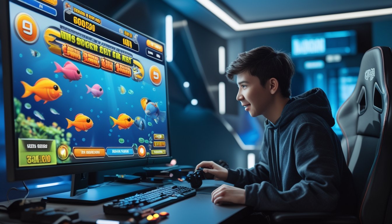 Seorang gamer muda sedang bermain game tembak ikan 2D di depan layar komputer dengan ikan berwarna-warni dan elemen permainan terlihat di layar.