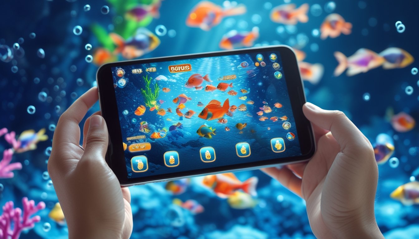 Layar perangkat digital menampilkan permainan tembak ikan 2D dengan ikan berwarna-warni dan ikon hadiah bonus, tangan sedang berinteraksi dengan permainan.