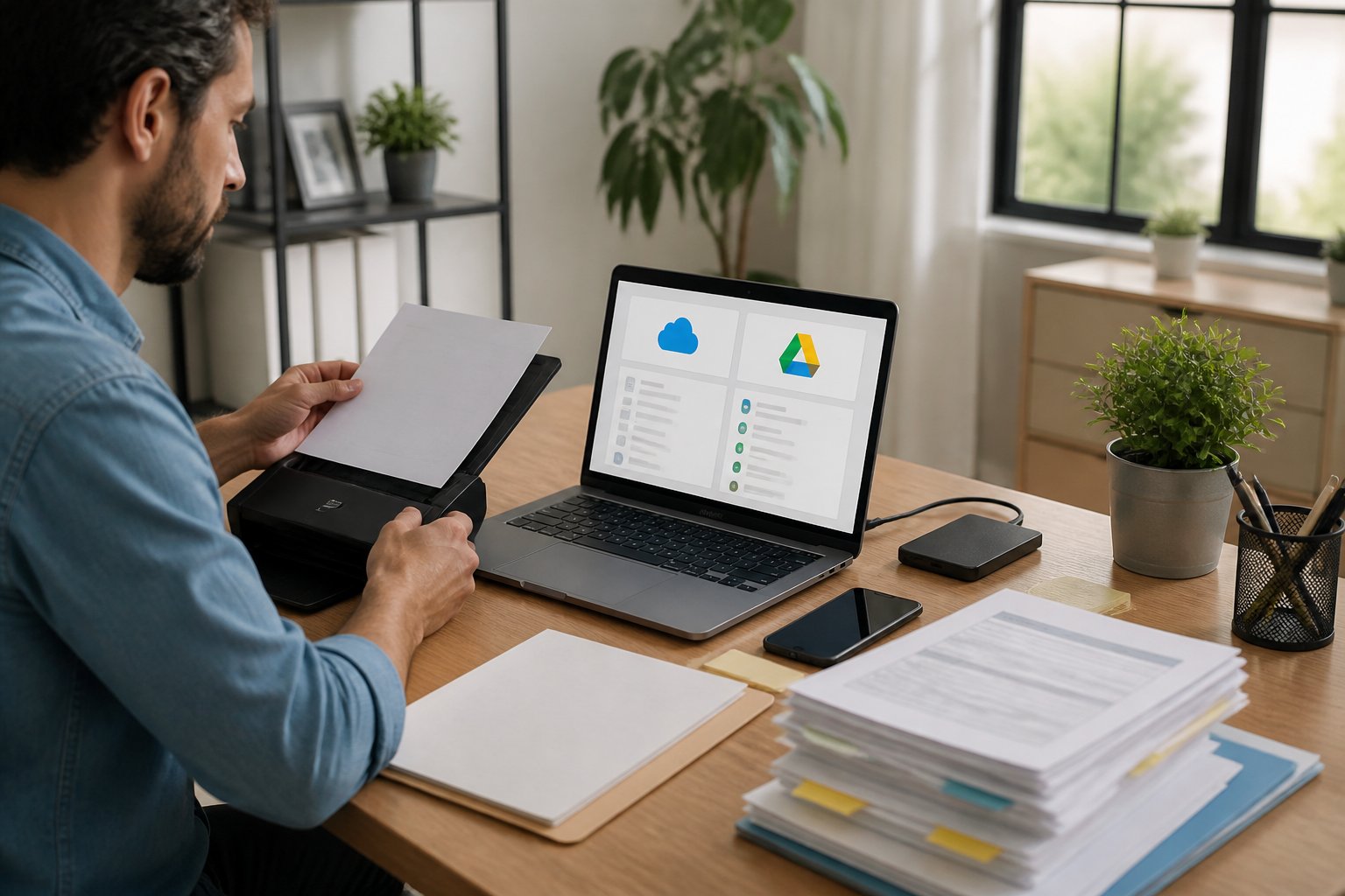 Person scanning and organizing important documents at a desk with a laptop showing cloud storage icons.