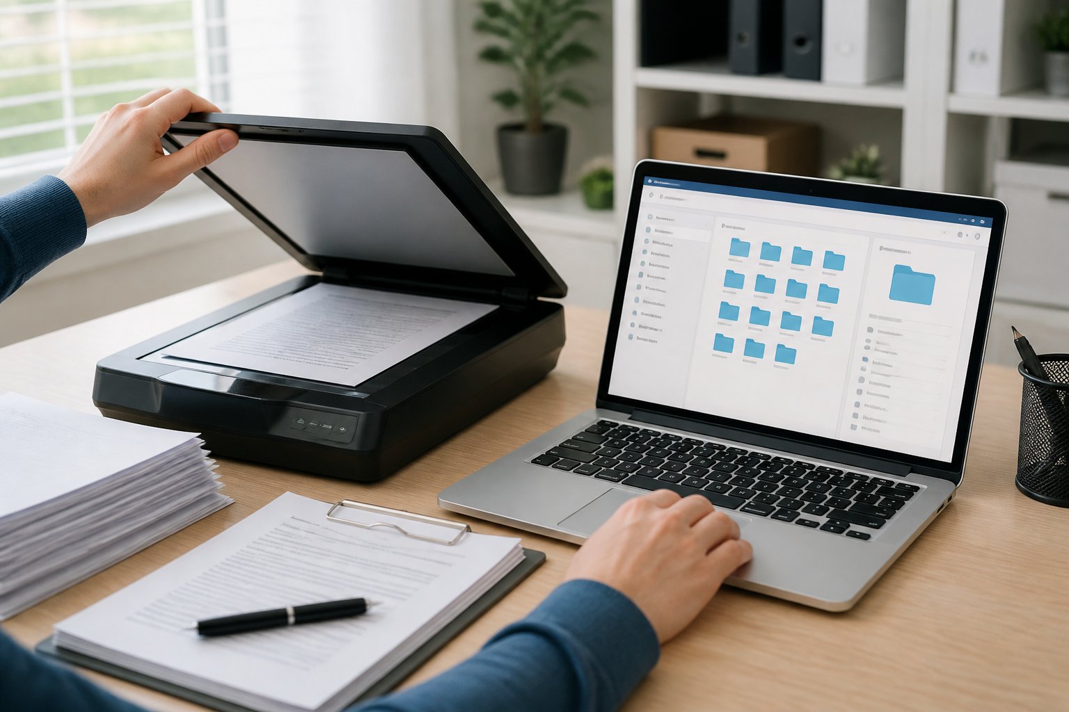 A person scanning documents at a modern workspace with a computer showing cloud storage, surrounded by paperwork and a scanner.