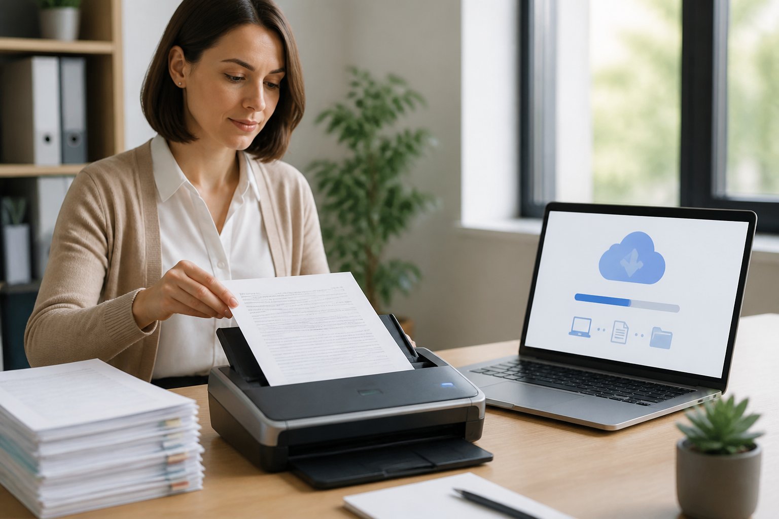 Person scanning documents at a desk with a laptop showing cloud storage icons in a bright office.