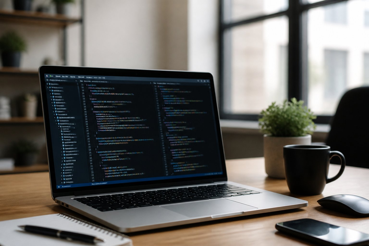 Moderner Arbeitsplatz mit Laptop, auf dem Programmiercode angezeigt wird, umgeben von Notizbuch, Stift und Kaffeetasse.