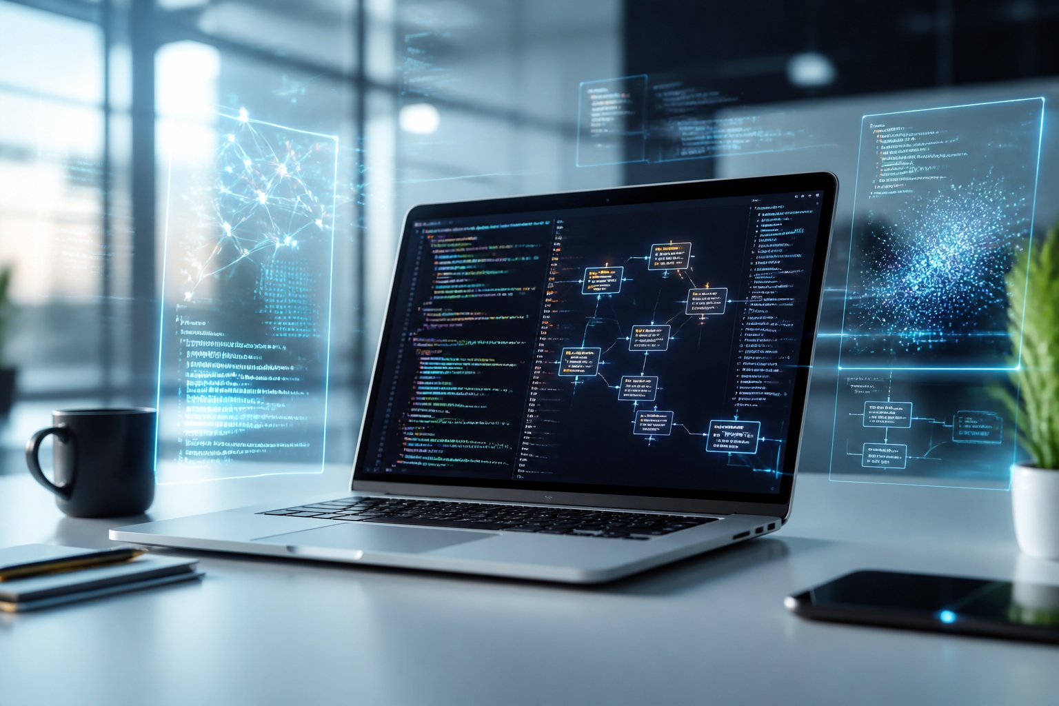 Ein moderner Arbeitsplatz mit einem Laptop, der komplexe Programmiercodes und digitale Darstellungen von Daten und Algorithmen zeigt.
