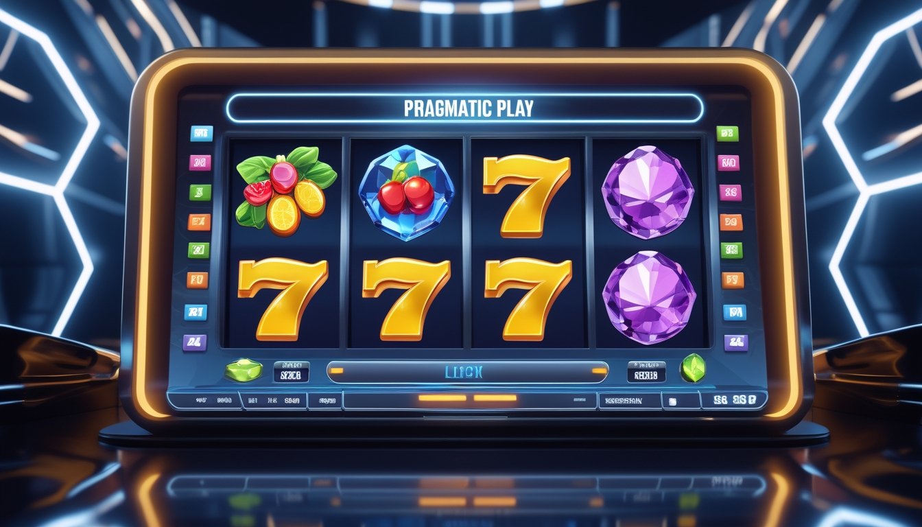 Tampilan layar mesin slot online modern dengan simbol berwarna-warni yang sedang berputar aktif.