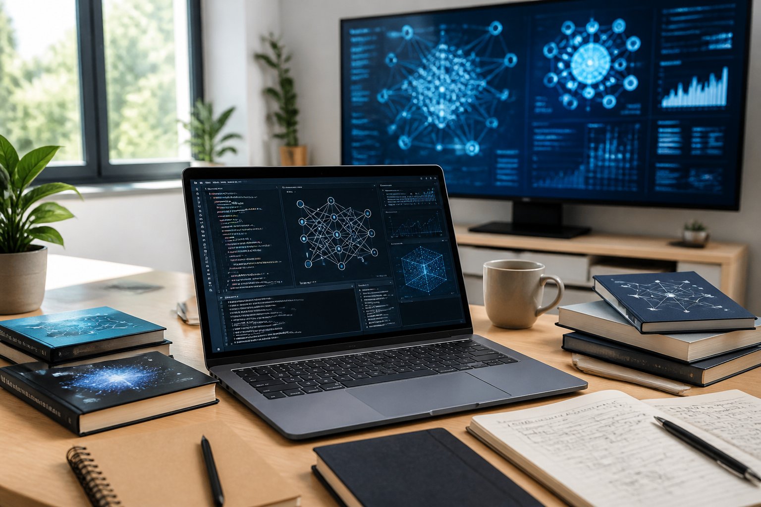 Ein moderner Arbeitsplatz mit einem Laptop, der KI-Code zeigt, umgeben von Büchern und Notizen, mit einem digitalen Bildschirm im Hintergrund.