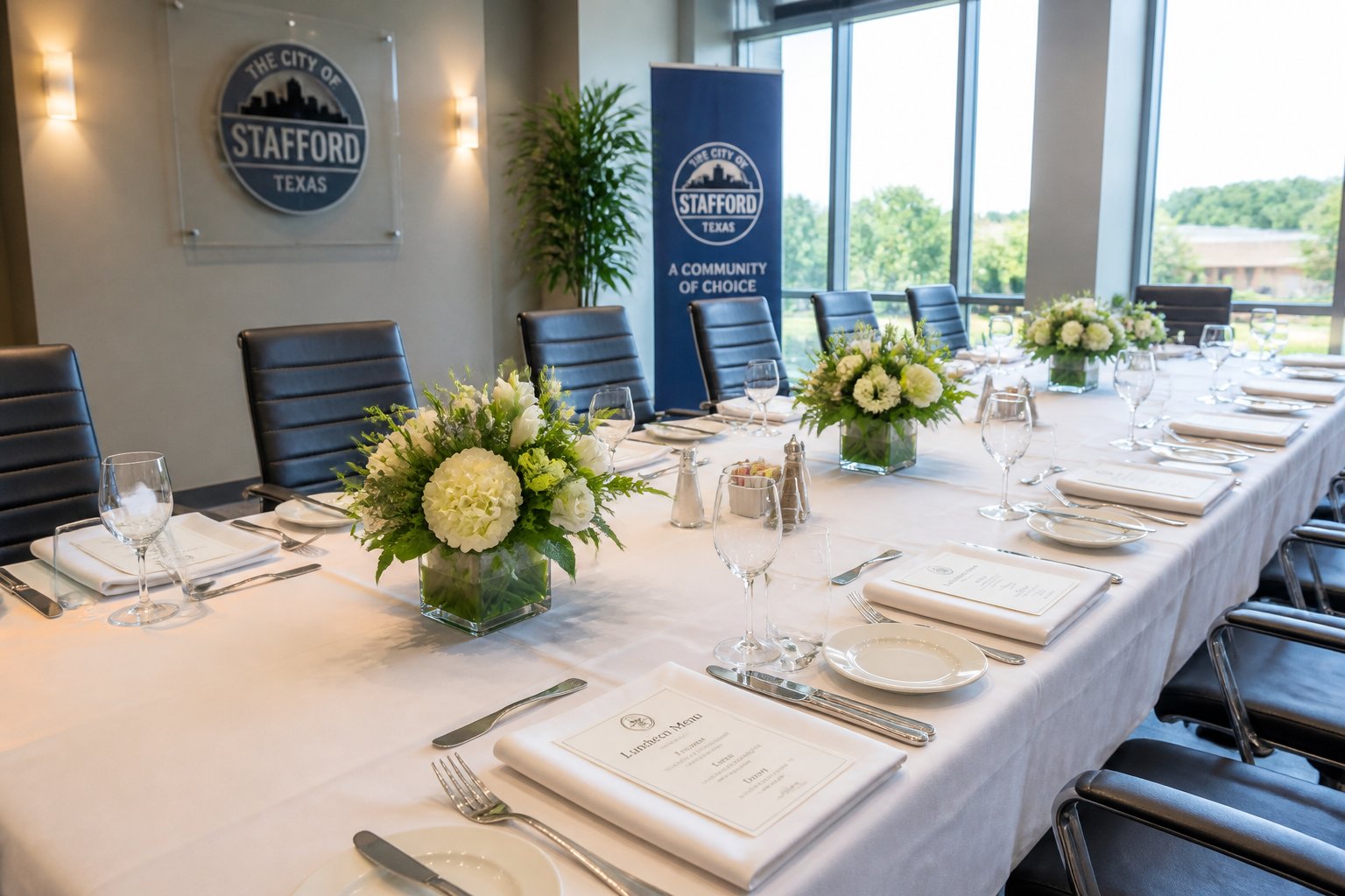 A corporate luncheon table set with white tablecloth, silverware, glassware, floral centerpieces, and black chairs in a bright conference room.
