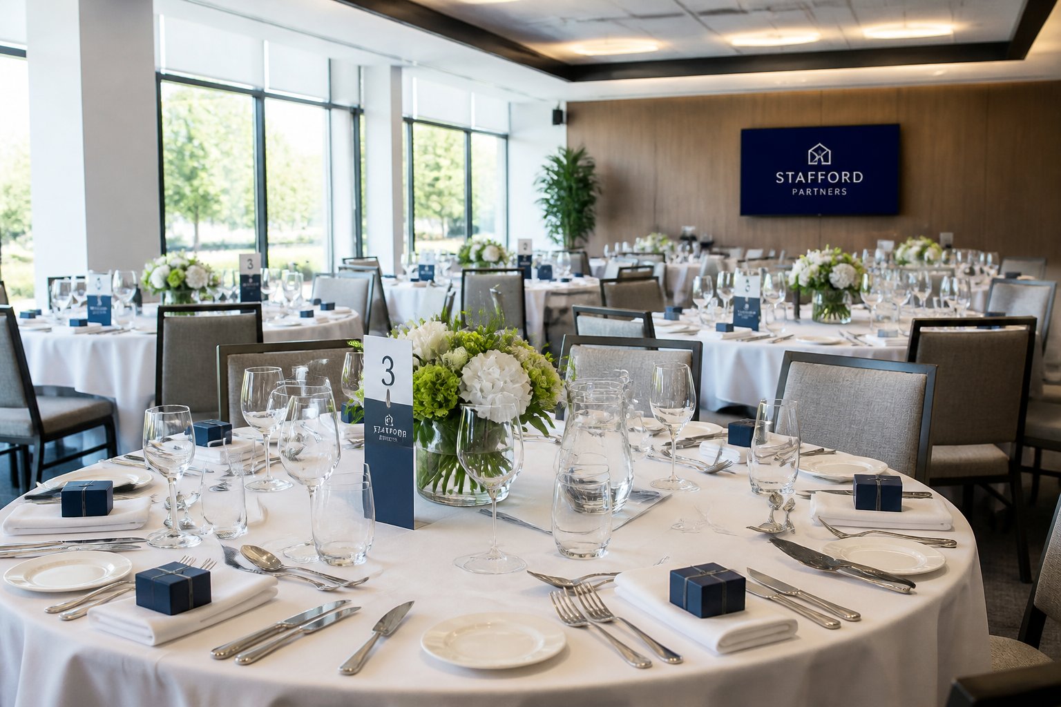 Empty corporate luncheon tables set with white tablecloths, place settings, and floral centerpieces in a bright, modern venue.
