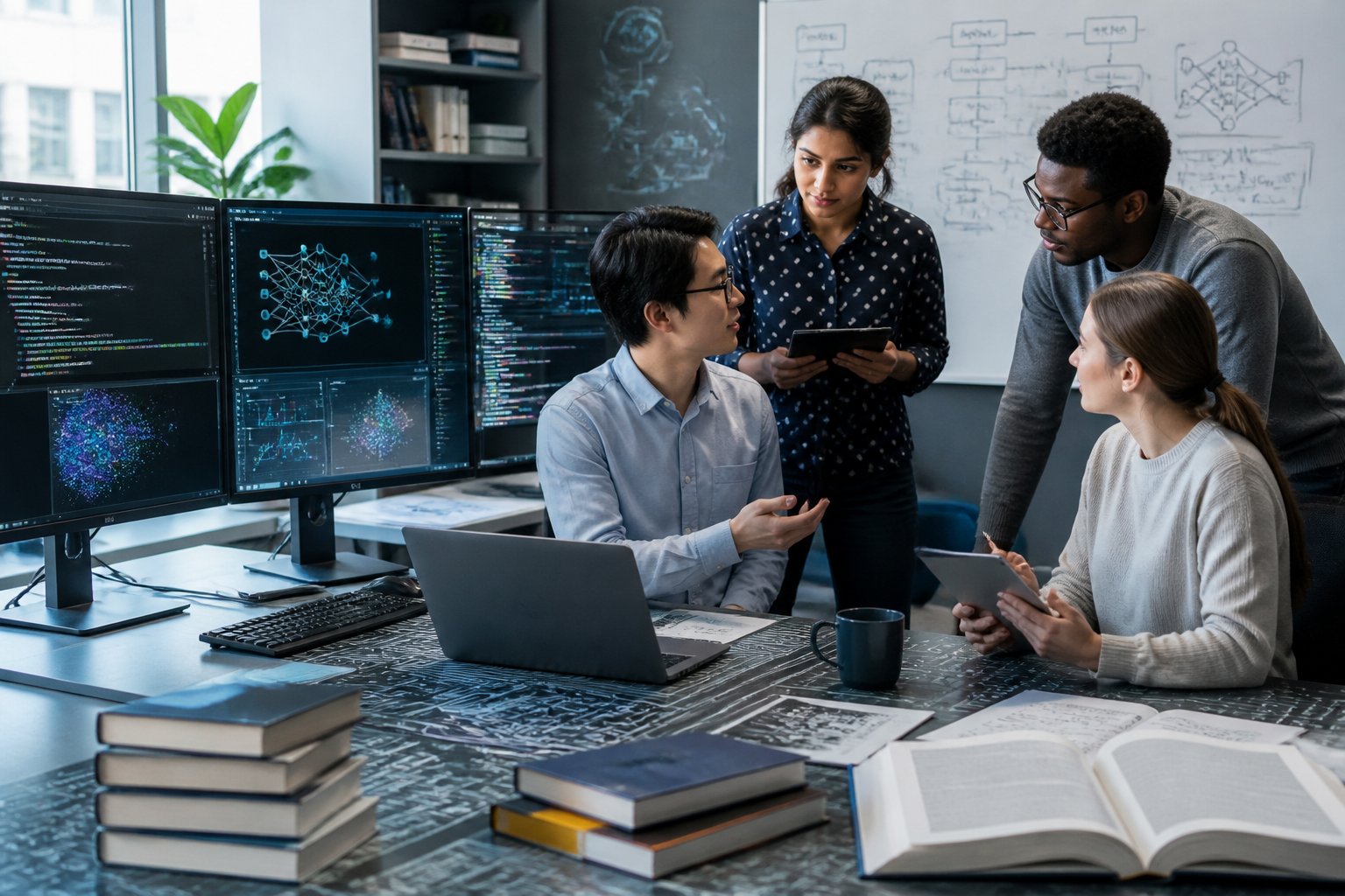 Ein moderner Arbeitsplatz mit Computern und Menschen, die gemeinsam an KI-Entwicklung arbeiten.
