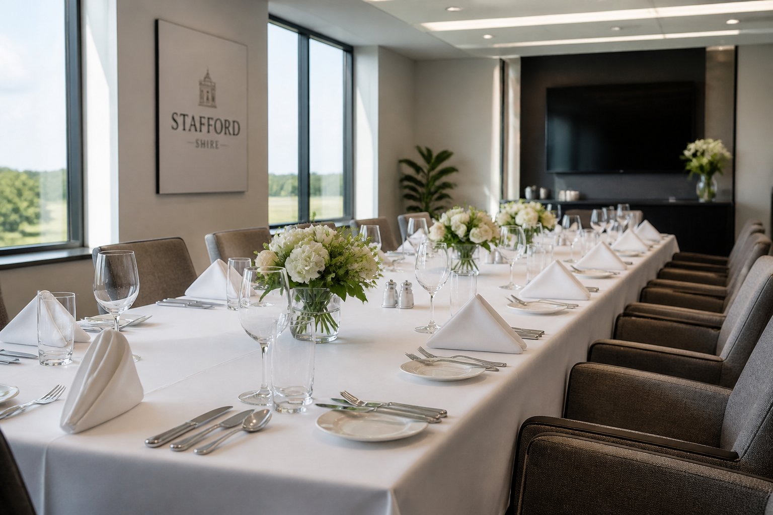 A long, neatly arranged corporate luncheon table with white tablecloth, silverware, glassware, floral centerpieces, and chairs in a bright conference room.